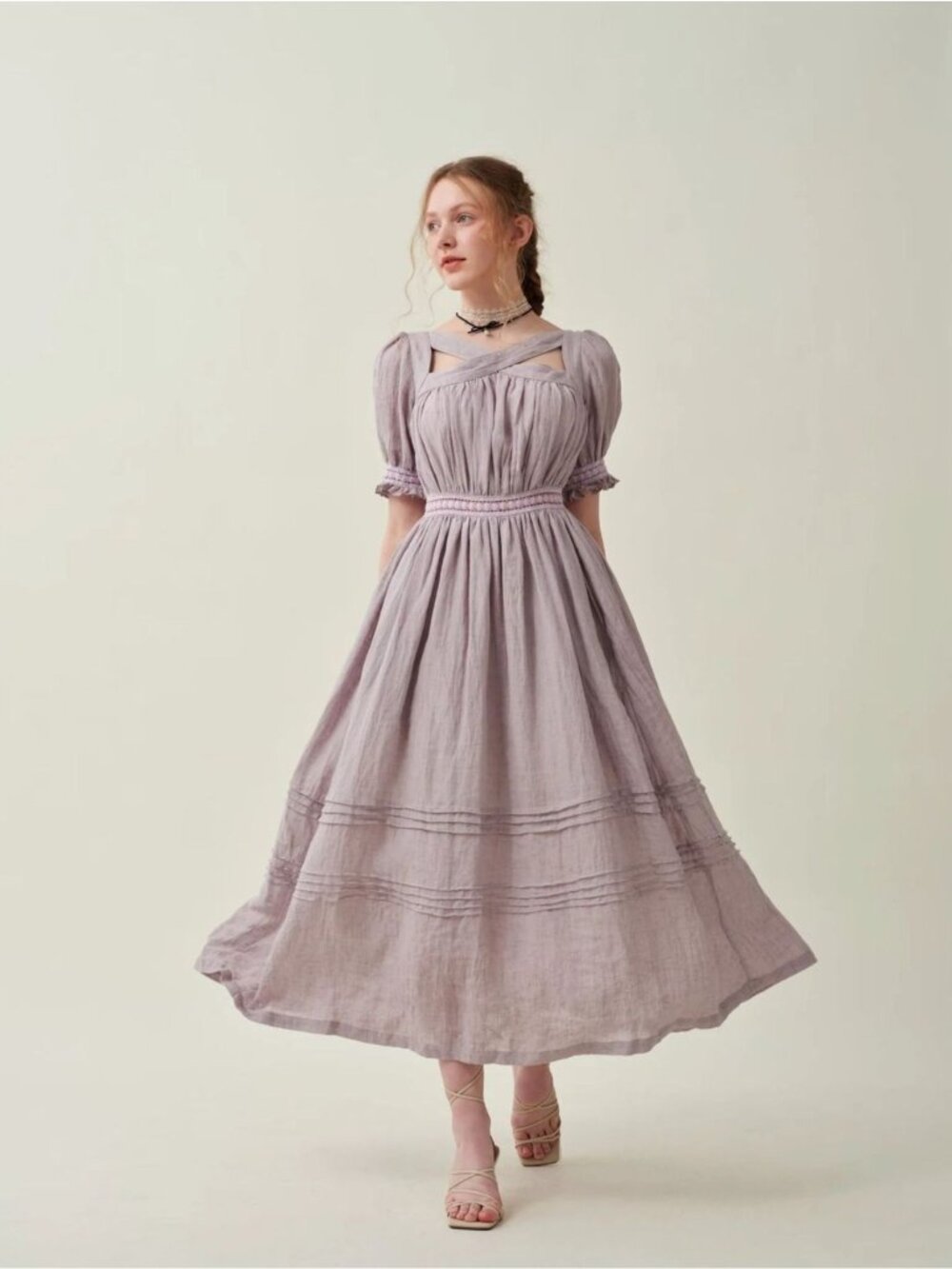 Linennaive Criss Cross Front Maxi Dress Light Lavender Linen size Small